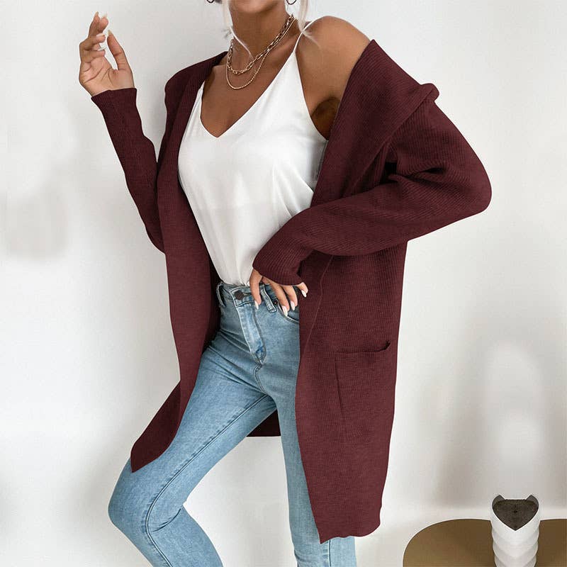 Solid color pit strip hooded unbuttoned cardigan