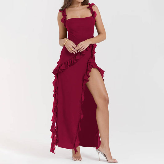 Off shoulder sexy open back ruffle split dress