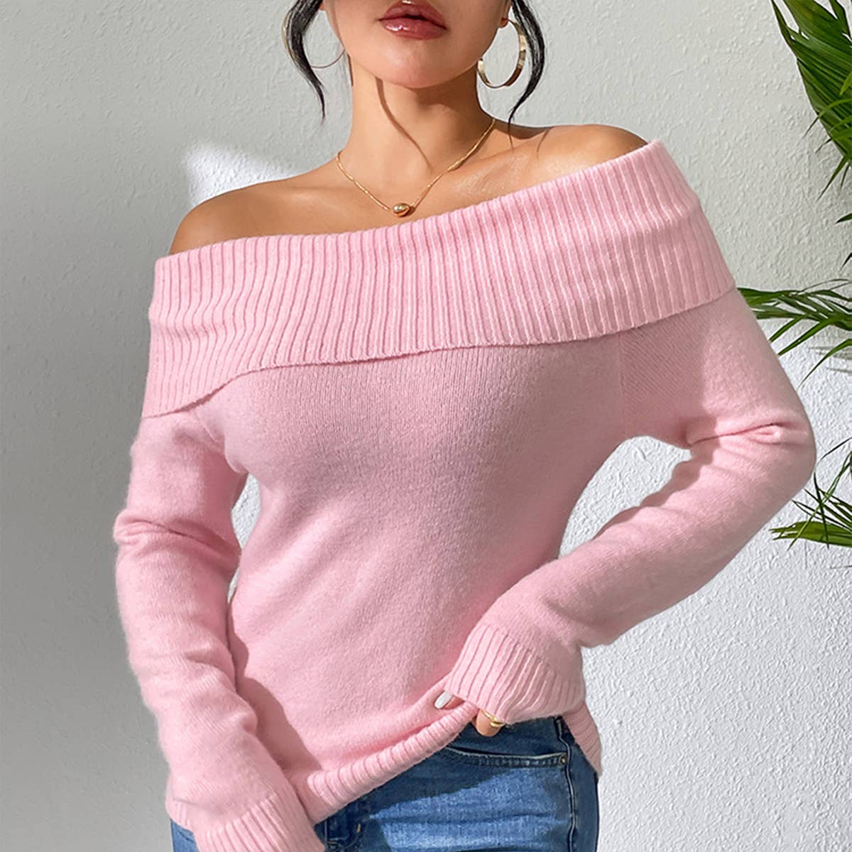 Slim-fit lapel solid color one-line shoulder sweater