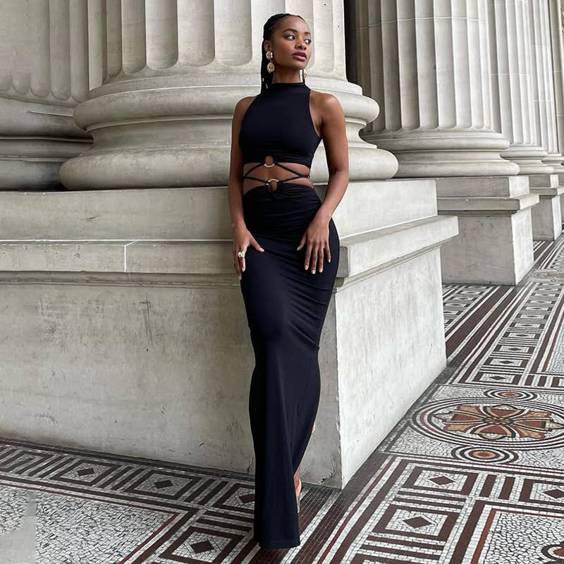 SEMI-HIGH NECK SEXY MIDRIFF HIP WRAP SLIM DRESS