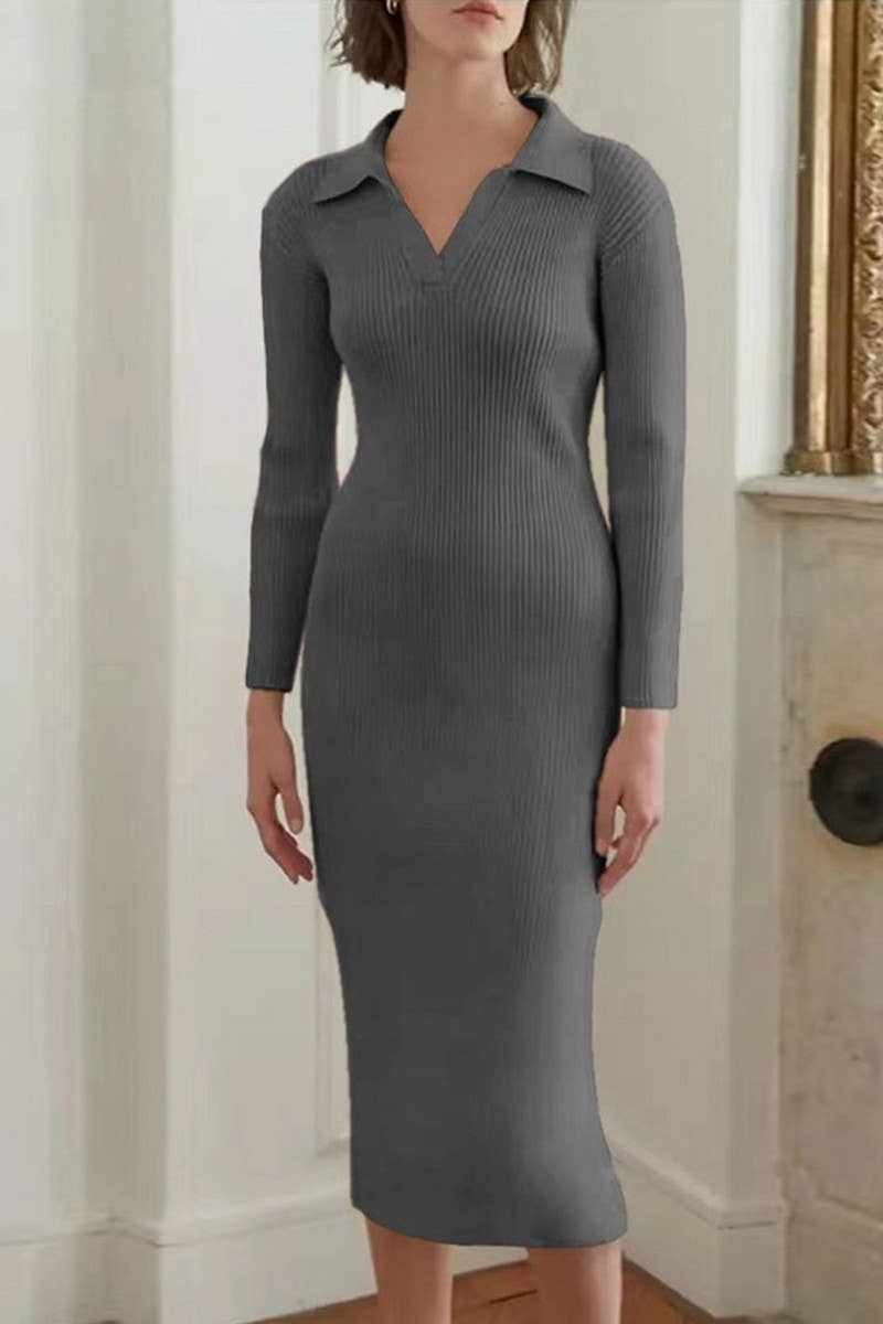 CWDMD4901_SOLID COLOR DEEP V LAPEL SLIM DRESS