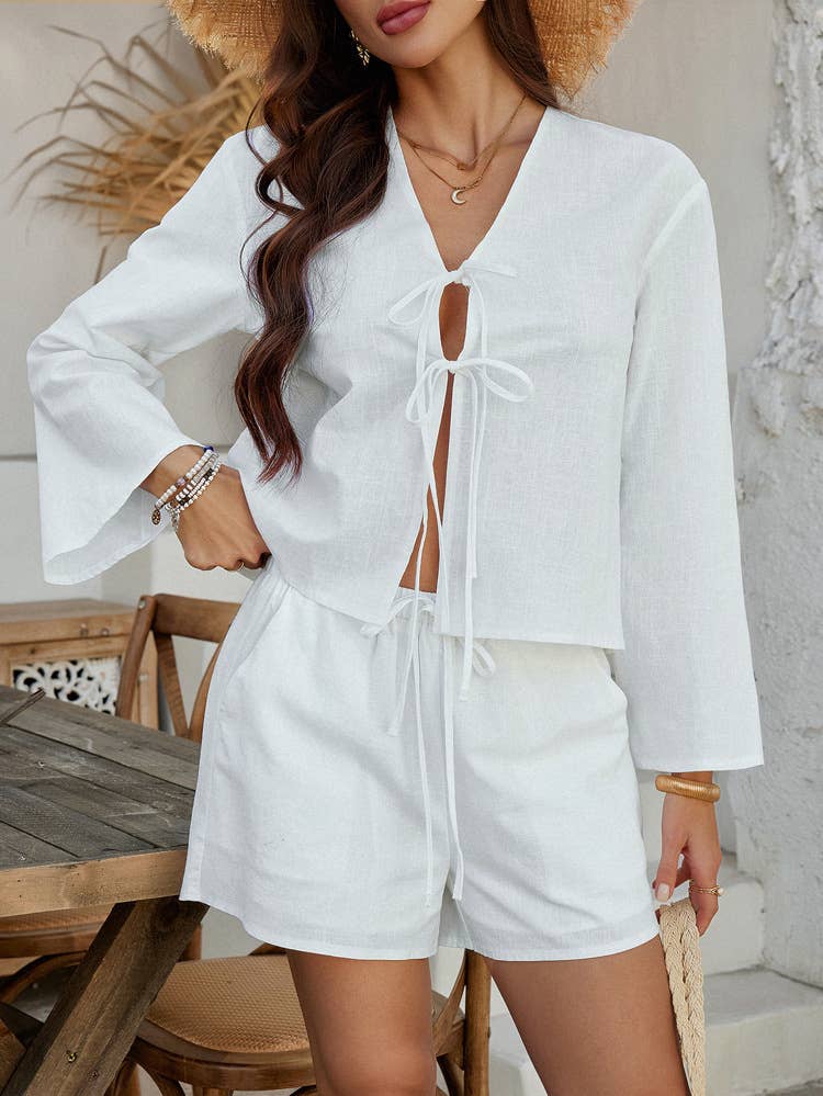 Resort style lace-up cardigan shorts casual suit