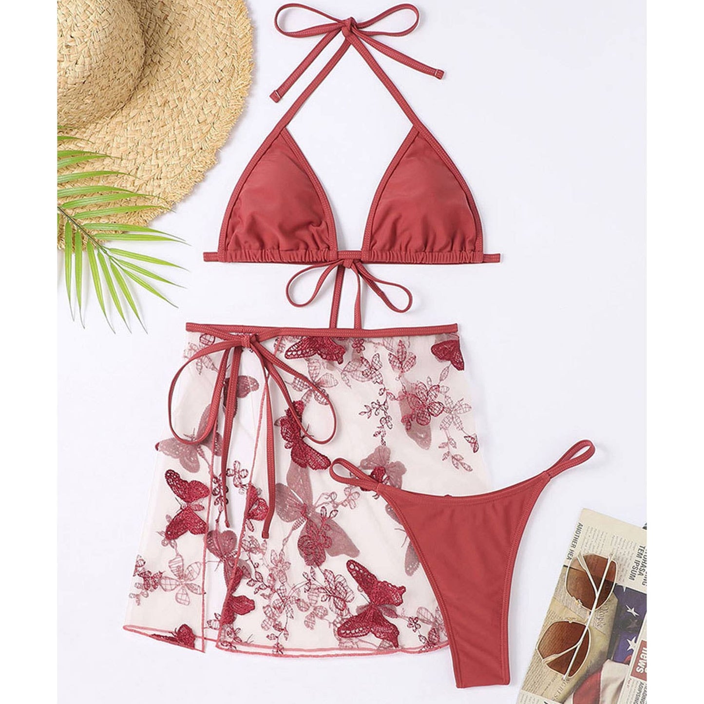Butterfly Embroidery Mesh 3Pcs/Set Bikini Swimwear_CWMW0781