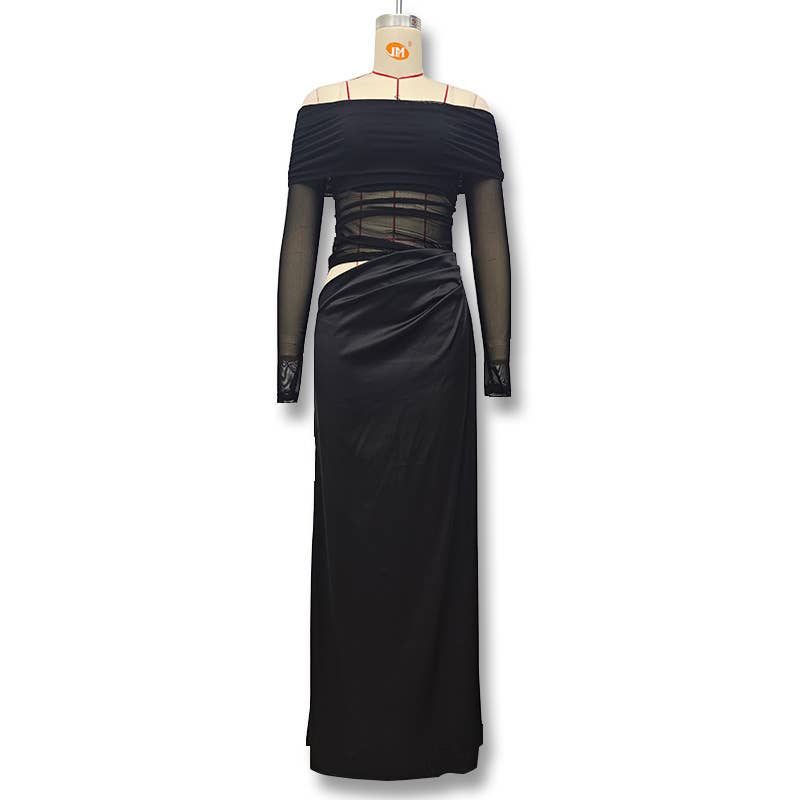 One-shoulder see-through mesh patchwork dress