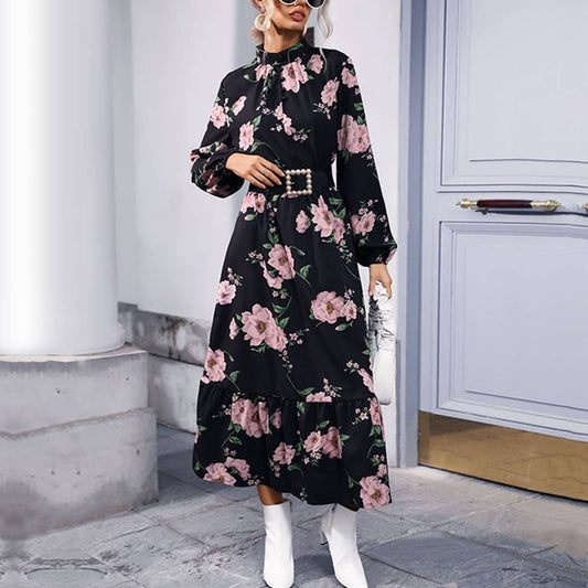 PRINTED DRESS WITH HALF HIGH NECK LACE-UP