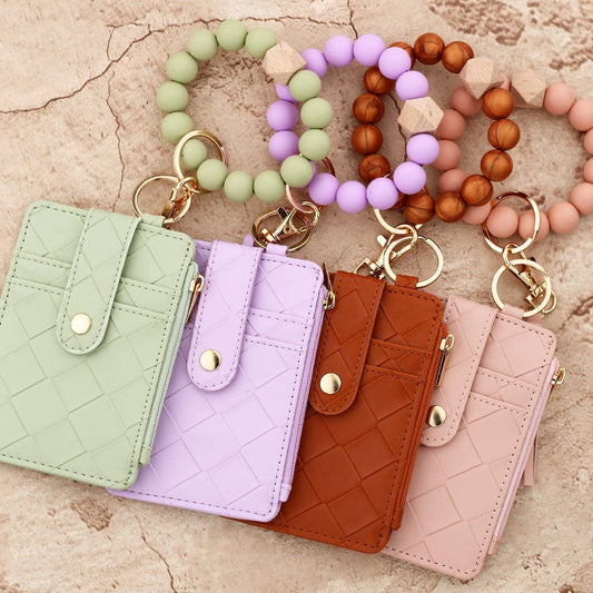 Plaid PU Card Wallet with Silicone Bead Keychain_CWAB4970