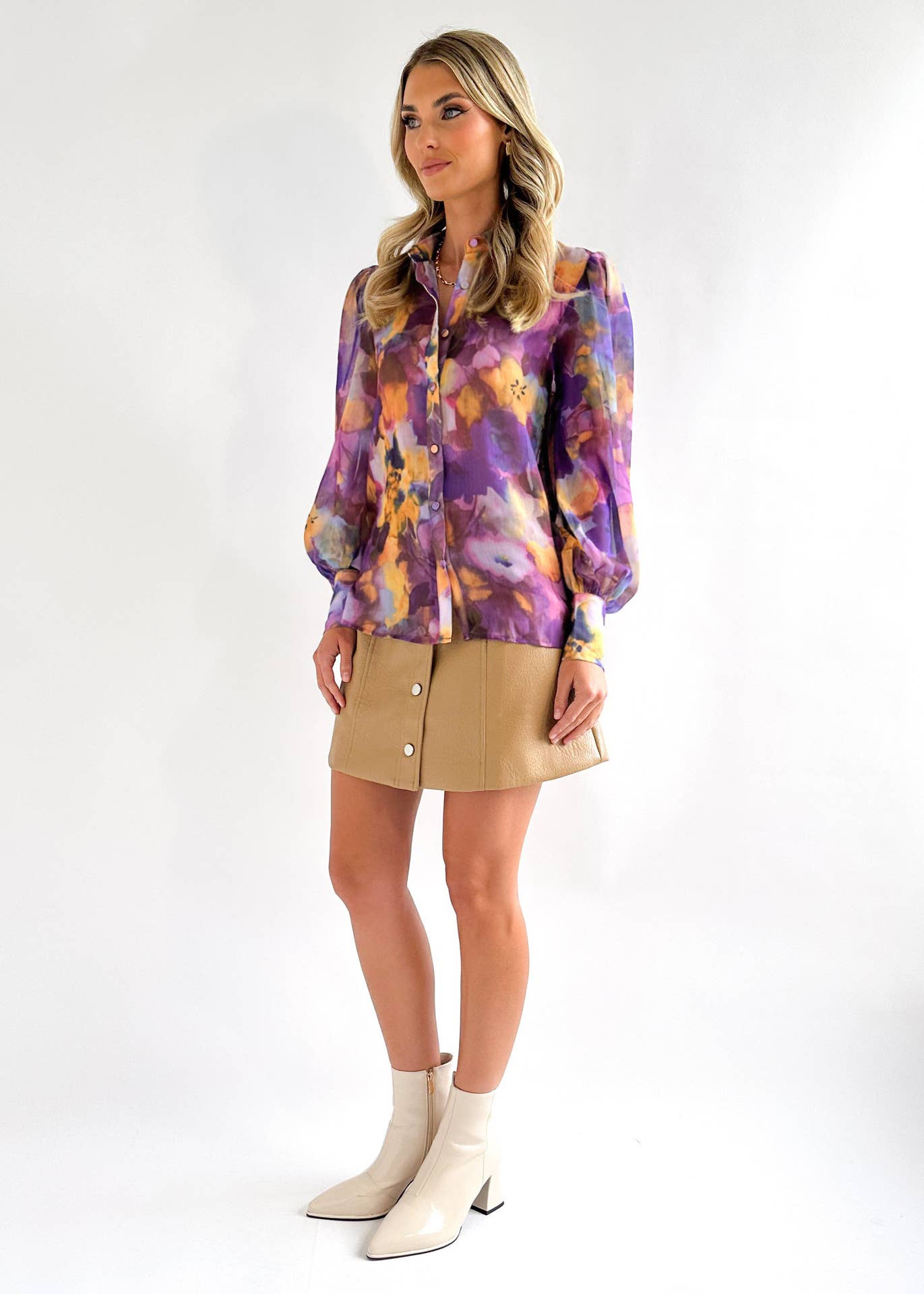 Tie-dye V-neck long-sleeved button-up shirt