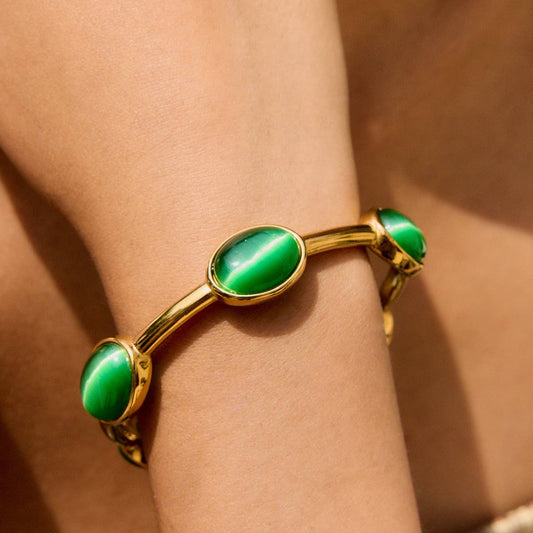 Luxury 18K Gold Green Oval Natural Stone Cuff