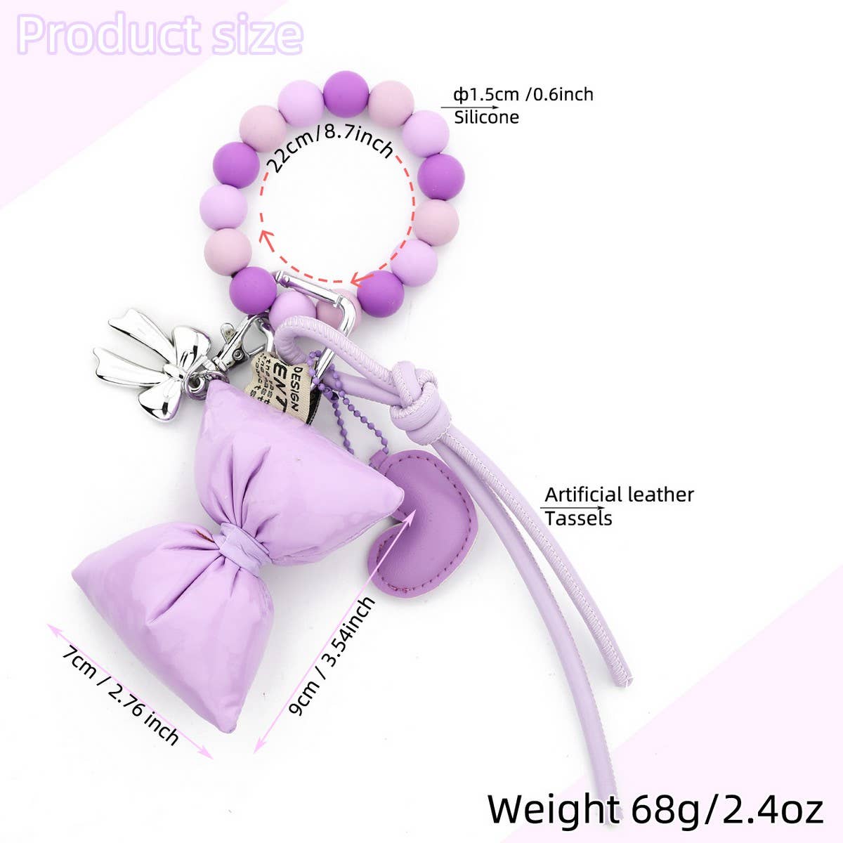 Silicone Bead Bracelet Keychain with Heart Bow_CUAB00445