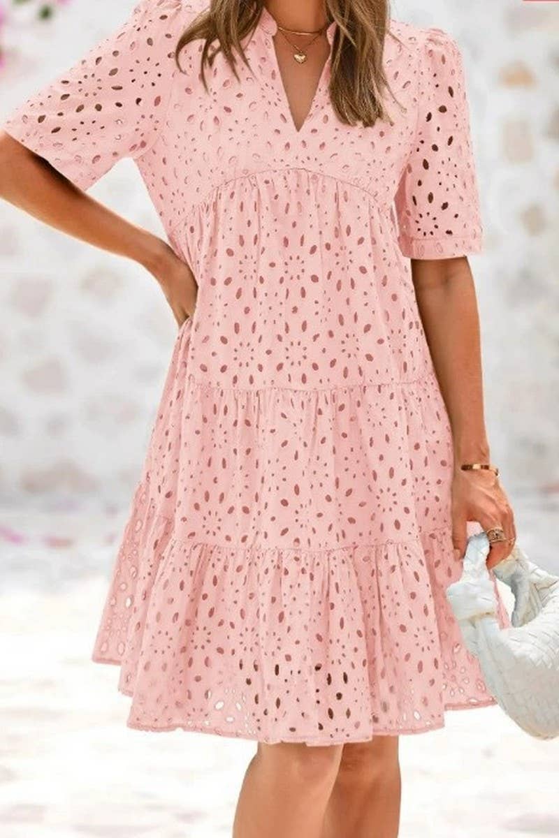 CWDSD8527_V-NECK HOLLOW LACE ELEGANT A-LINE DRESS