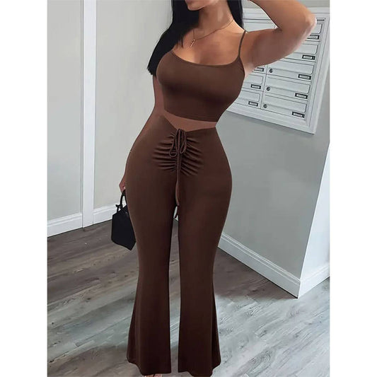 Midriff halter front drawstring two-piece set