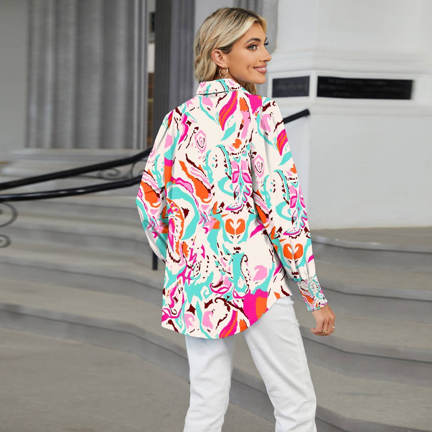 LAPEL FLORAL PRINT CASUAL LONG-SLEEVED SHIRT