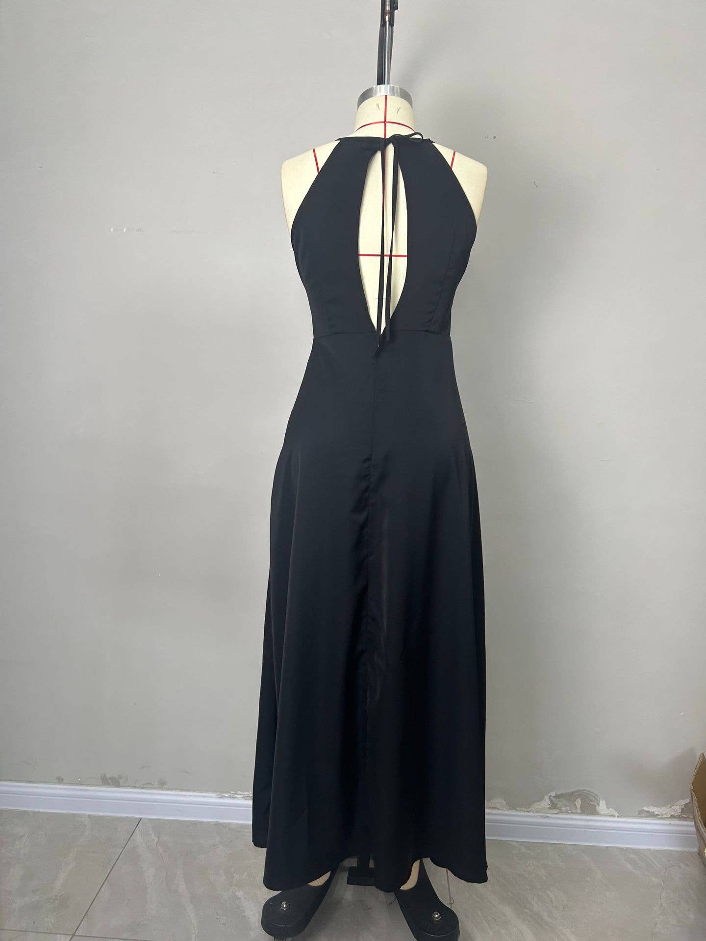 Lace embellished halter long, high slit dress