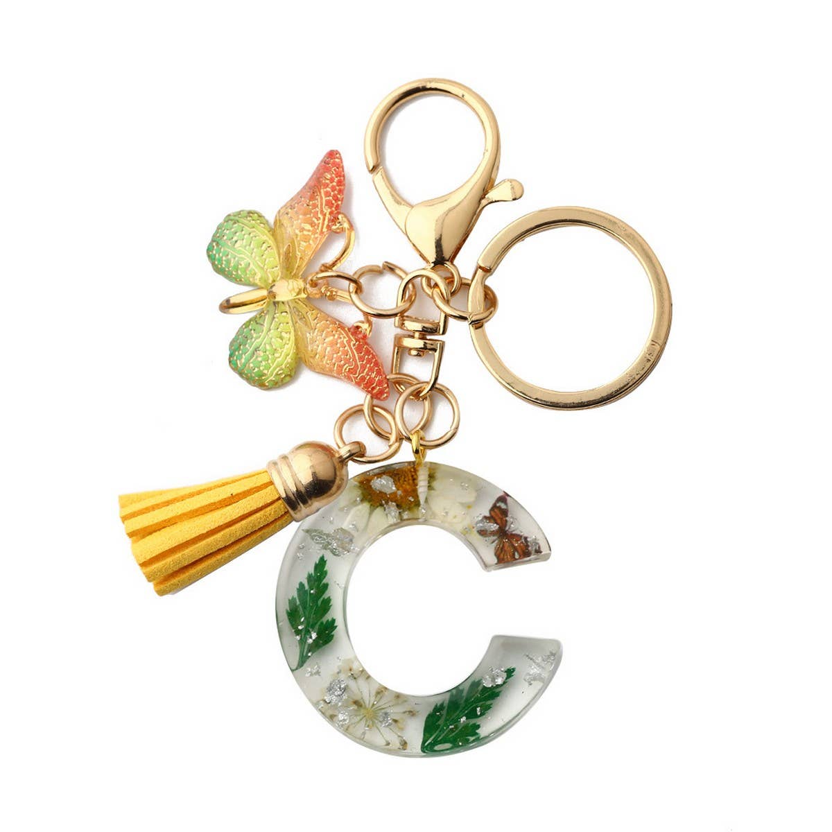 Flower Letter Keychain with Yellow Butterfly Charm_CWAB5090