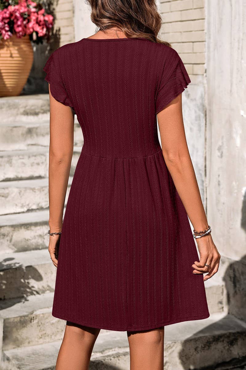 CWDSD6686_V-NECK BUTTON WAIST ELASTIC SHORT SLEEVE DRESS