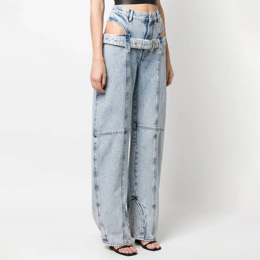 HIGH WAISTED HOLLOW EXPOSED WAIST SOLID COLOR JEANS