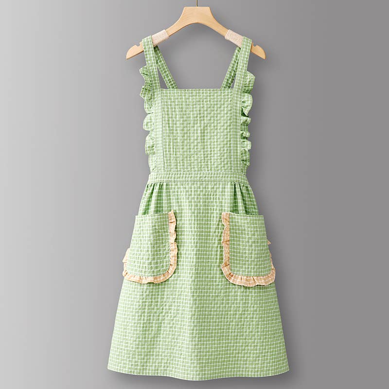 Cotton Striped Grid Kitchen Apron with Pocket