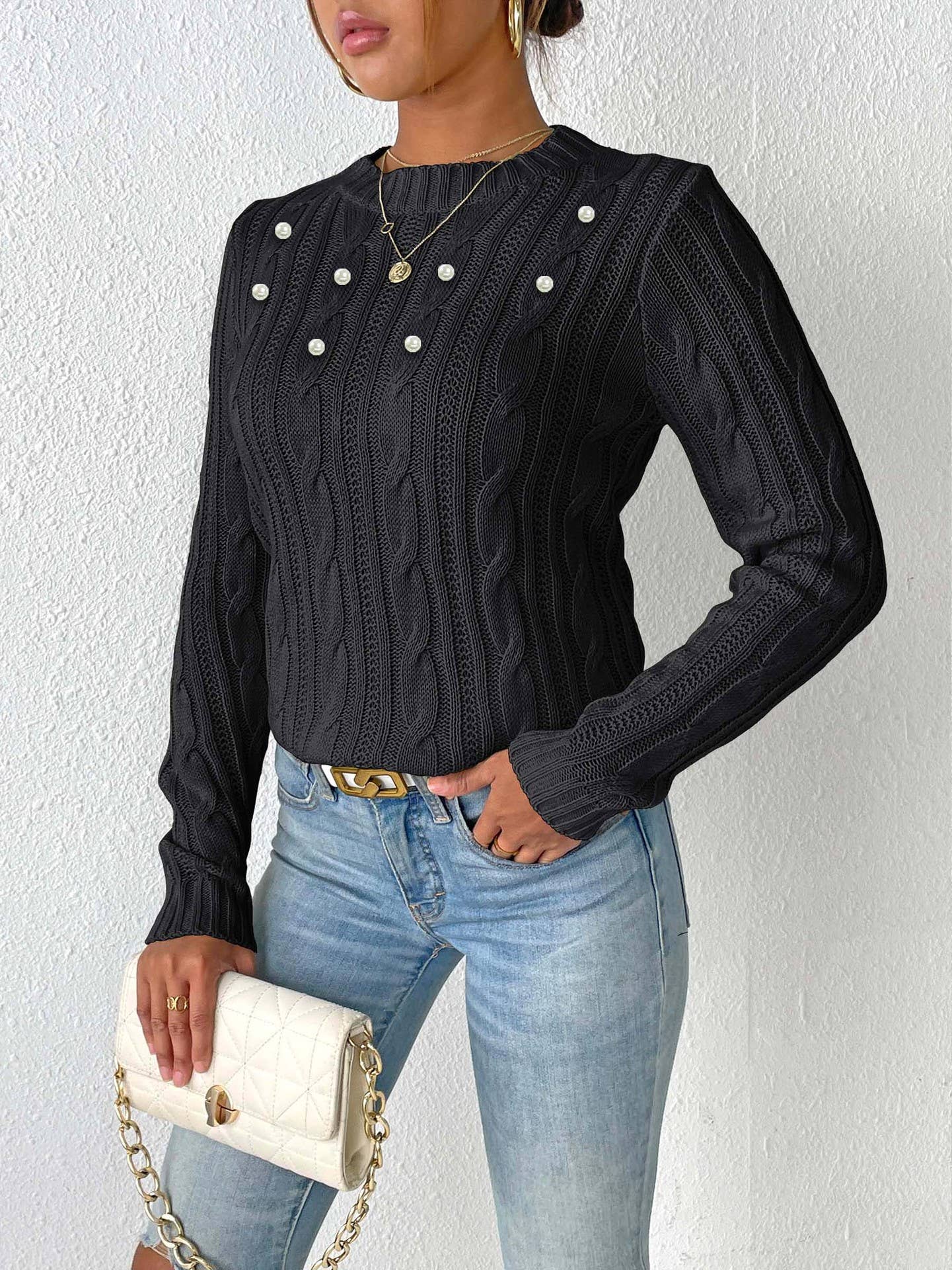 Simple base pearl studded beaded woven sweater