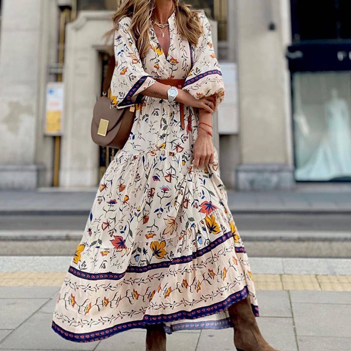 Ethnic style printed V-neck long sleeve swing dress