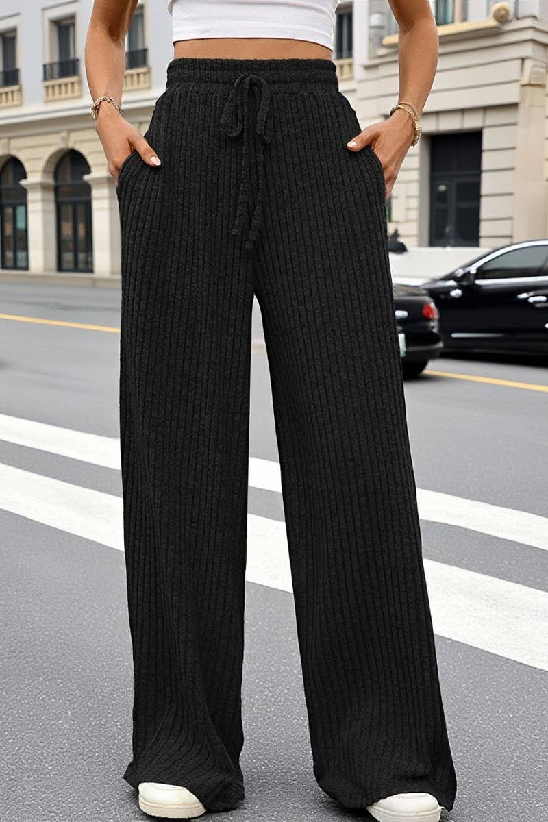 CWBLP01093_SOLID DRAWSTRING RIBBED WIDE LEG PANTS