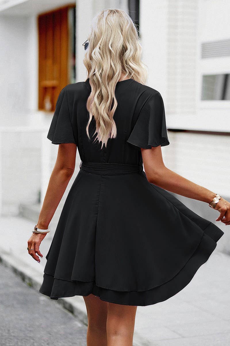 CWDSD2346_V-Neck Wrap ruffle Sleeve Floral Print Mini Dress