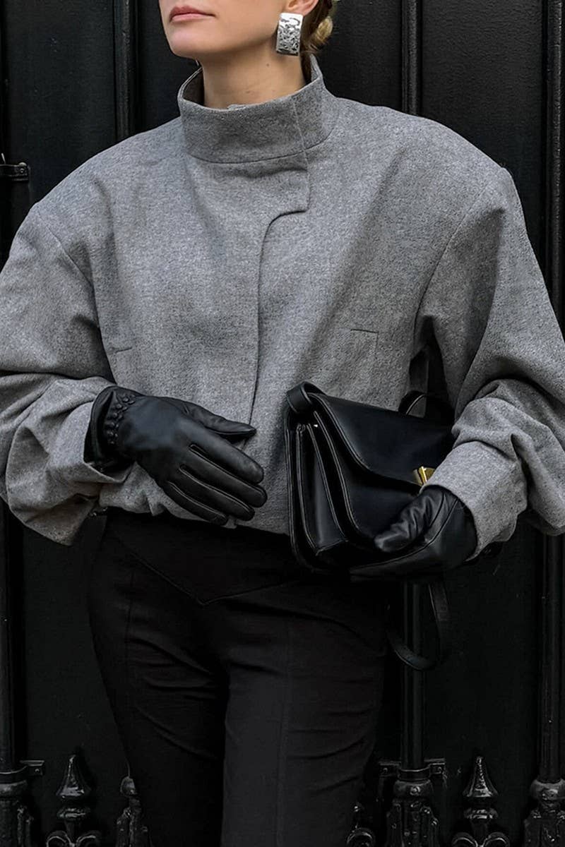 CWOCO1115_GREY SHORT WOOLEN COAT WITH SMALL STAND COLLAR