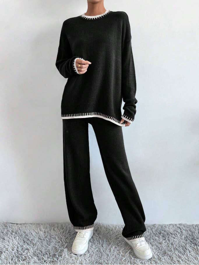 Two-piece of color-blocking sweater and trousers