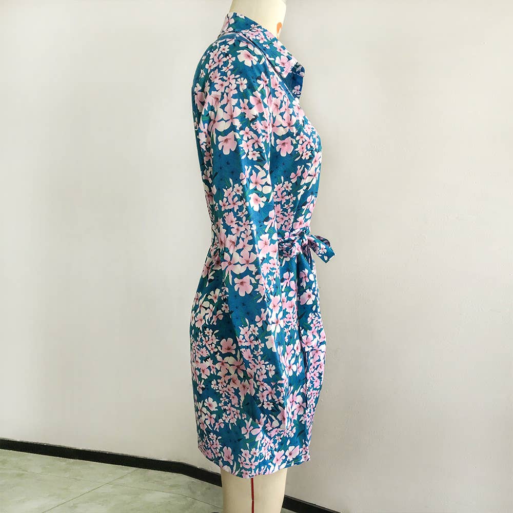 Stylish lapel high waist button-up short dress