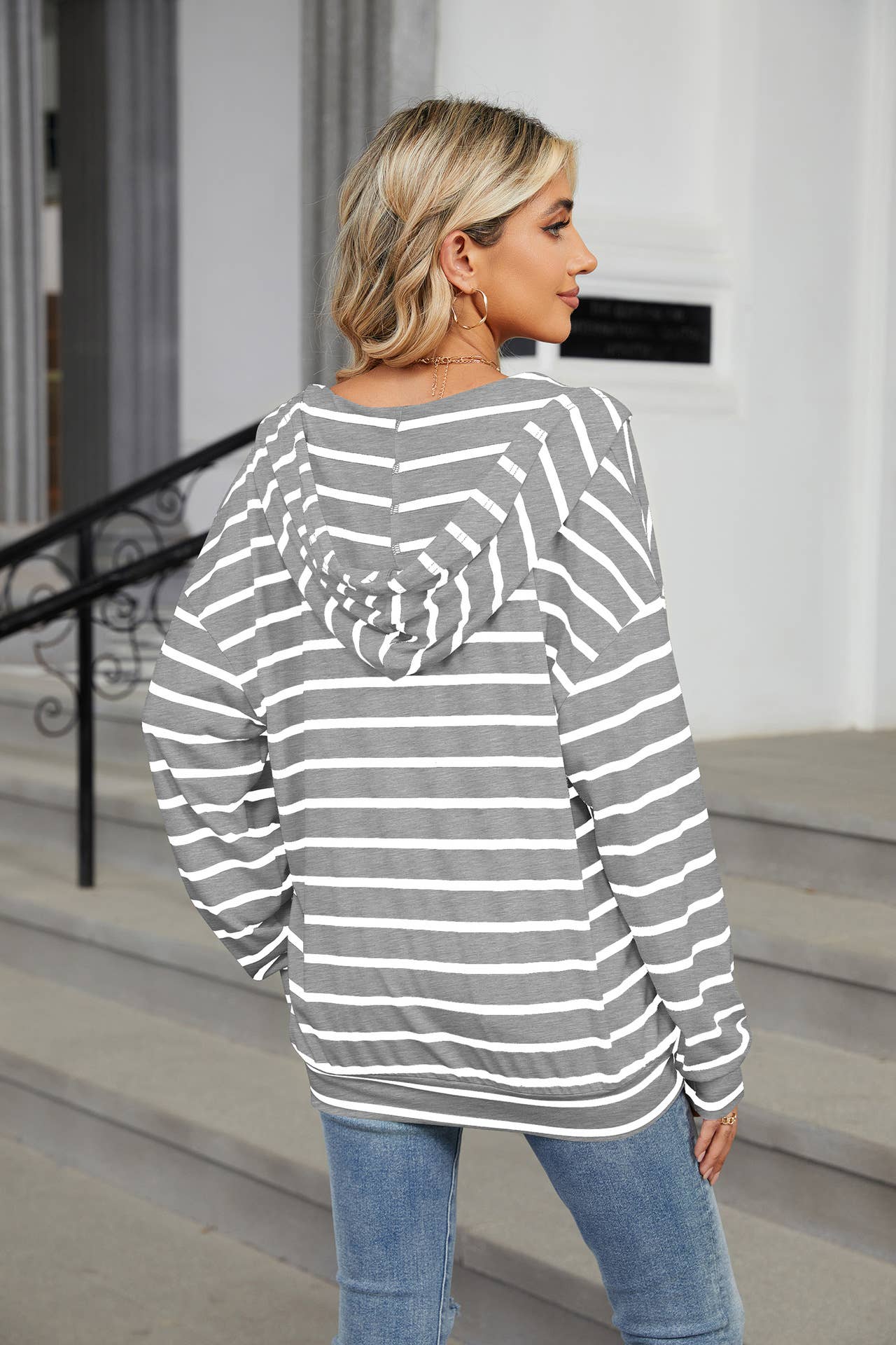 Striped V-neck hooded long-sleeved sweatshirt