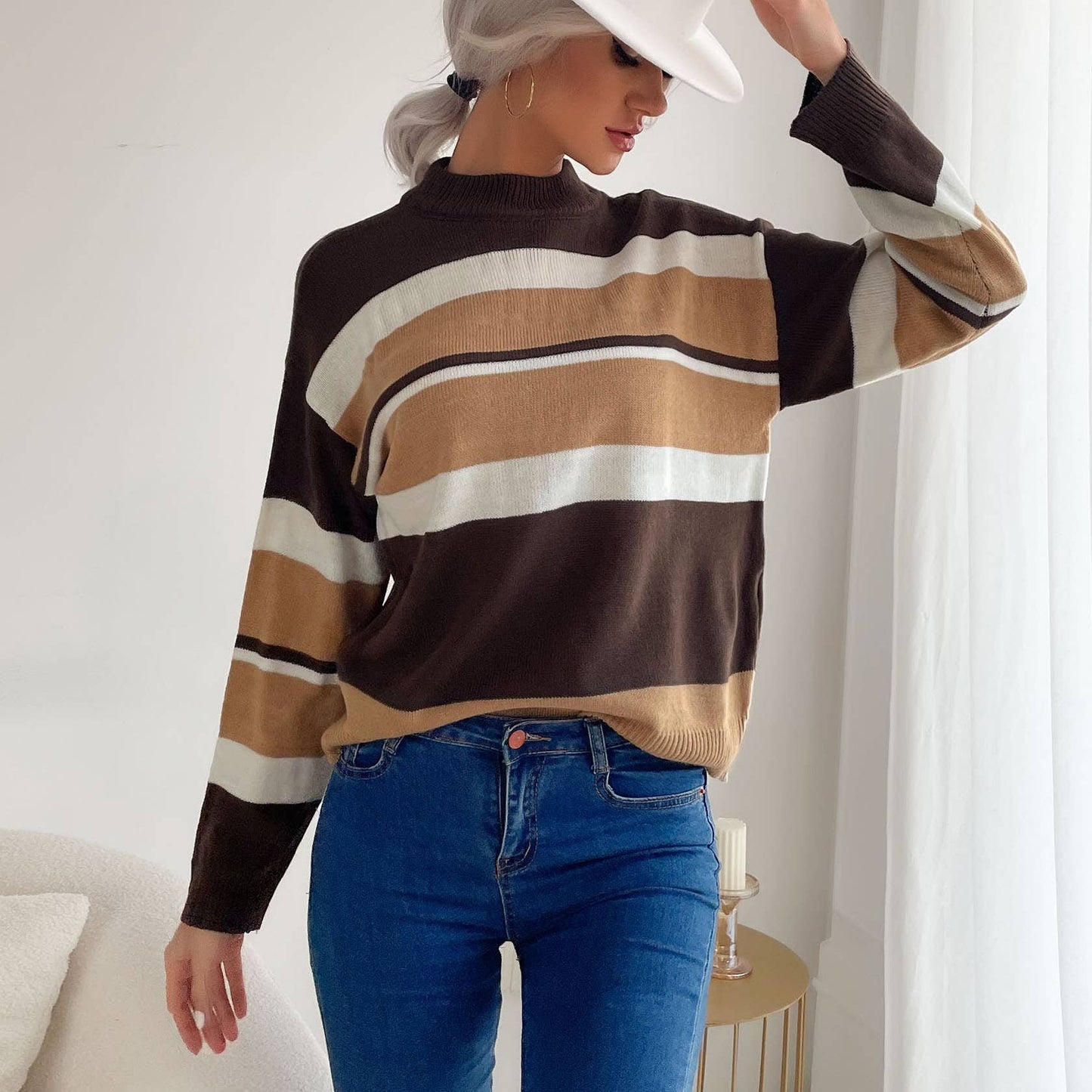 STRIPED PATCHWORK SEMI-TURTLENECK SWEATER