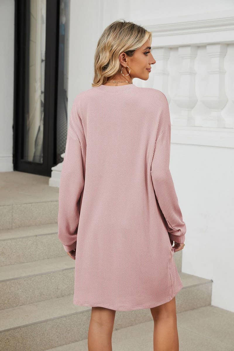 CWDSD6364_ROUND NECK STRIPED POCKET LONG SLEEVE DRESS