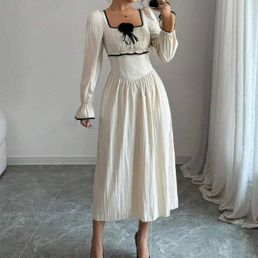 SQUARE COLLAR FLARED SLEEVE FLORAL CONTRAST DRESS