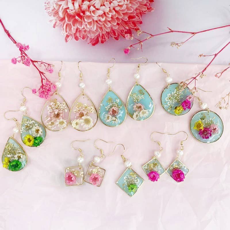 Geometric natural real dried flower earrings
