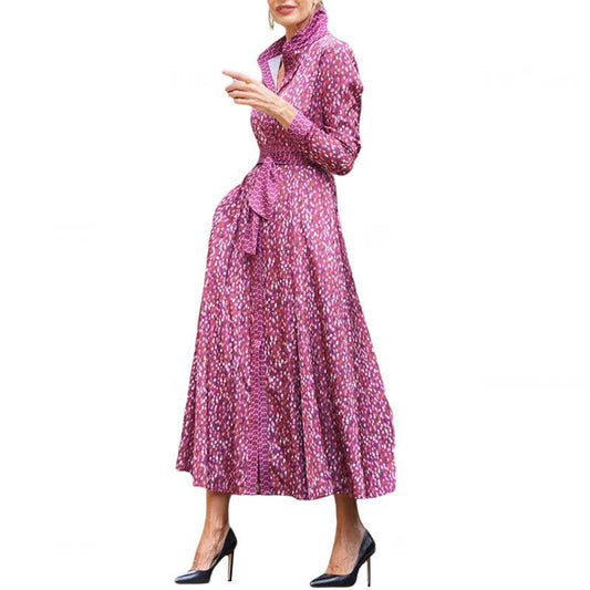 PRINTED LONG-SLEEVED LAPEL LACE-UP DRESS
