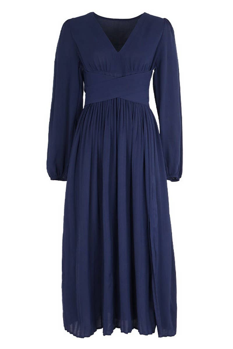 CWDMD3562_SOLID COLOR LONG SLEEVE V-NECK MIDI DRESS