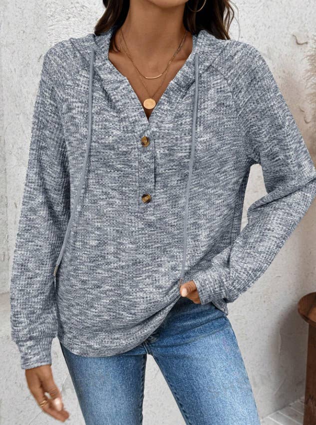 WAFFLE BUTTON-UP HOODIE LOOSE LONG-SLEEVED HOODIE