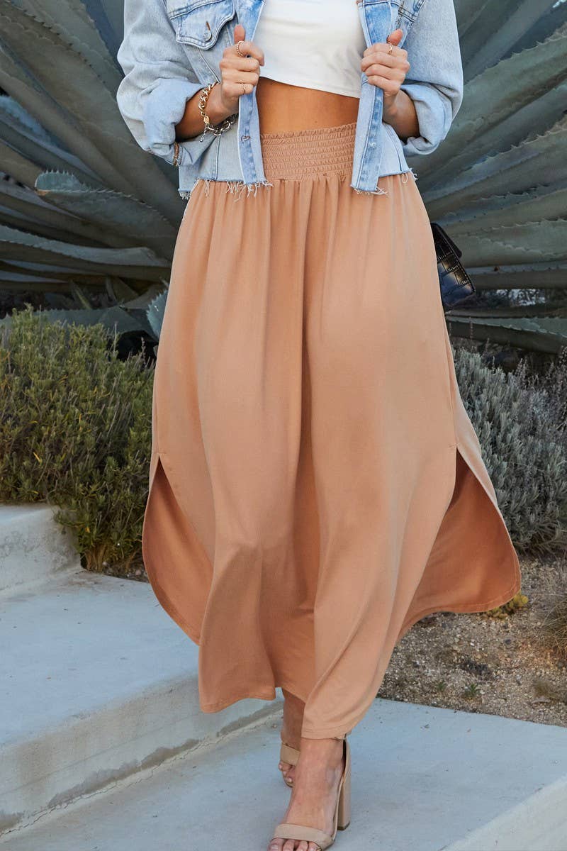 CWBLS041_SMOCKING WAIST MAXI SKIRT WITH SIDE POCKET