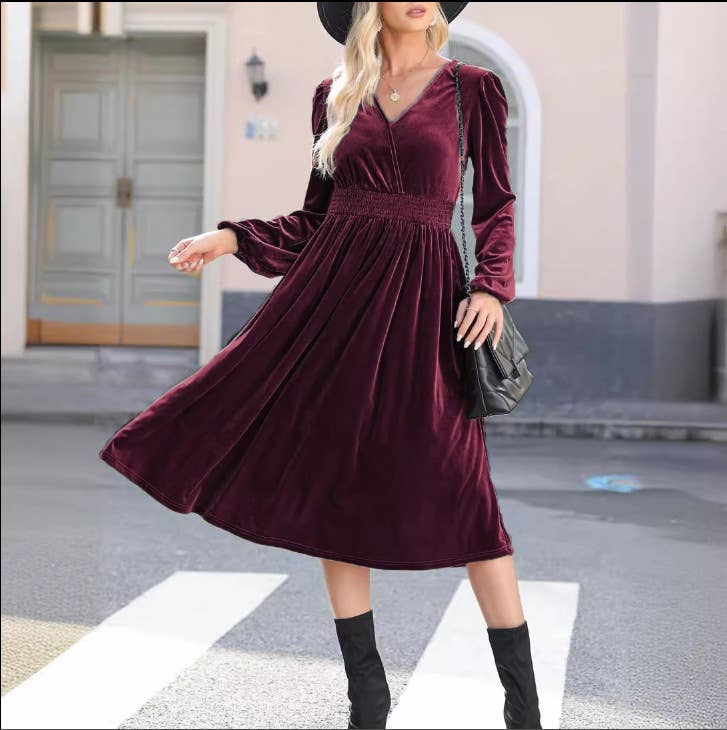 SOLID COLOR V-NECK PLEATED HIGH-WAISTED DRESS