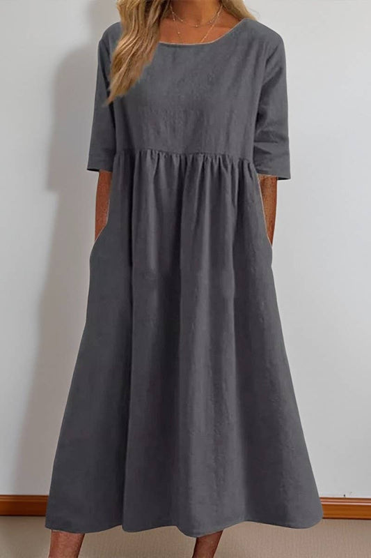 CWDMD01005_ROUND NECK SOLID COLOR COTTON AND LINEN DRESS