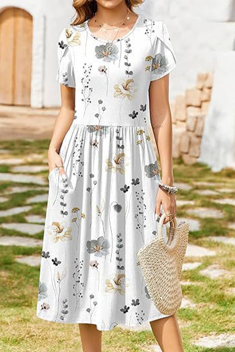 CWDMD6365_ROUND NECK PETAL SLEEVES MIDI PRINT DRESS