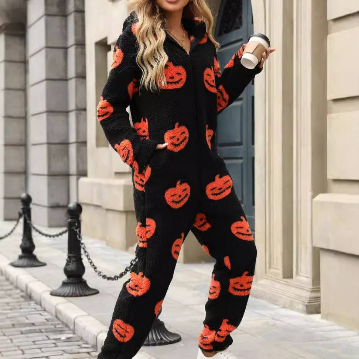 Pumpkin print zipper loose plush jumpsuit