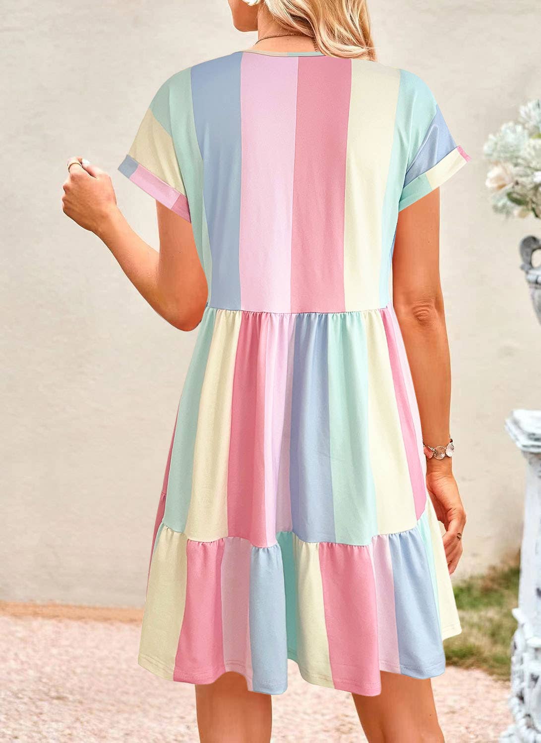 Multi-color contrasting printed V-neck dress