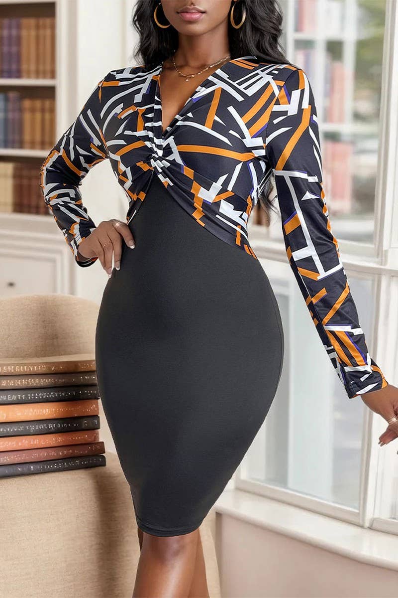 CWDMD4683_V-NECK HIGH WAIST GEOMETRIC PATTERN HIP DRESS