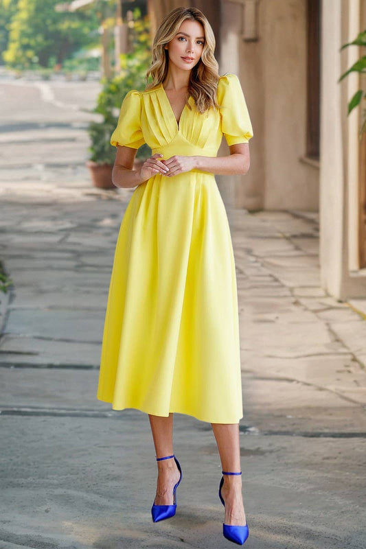 CWDMD6126_SOLID V-NECK LANTERN SLEEVE BODYCON DRESS