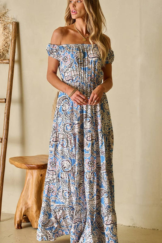 CWDMD3176_VINTAGE ONE-SHOULDER BOHEMIAN HIGH-WAISTED DRESS