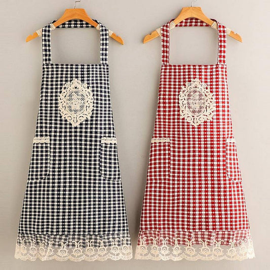 Plaid Lace Princess apron with pockets bulk_CWMM2042