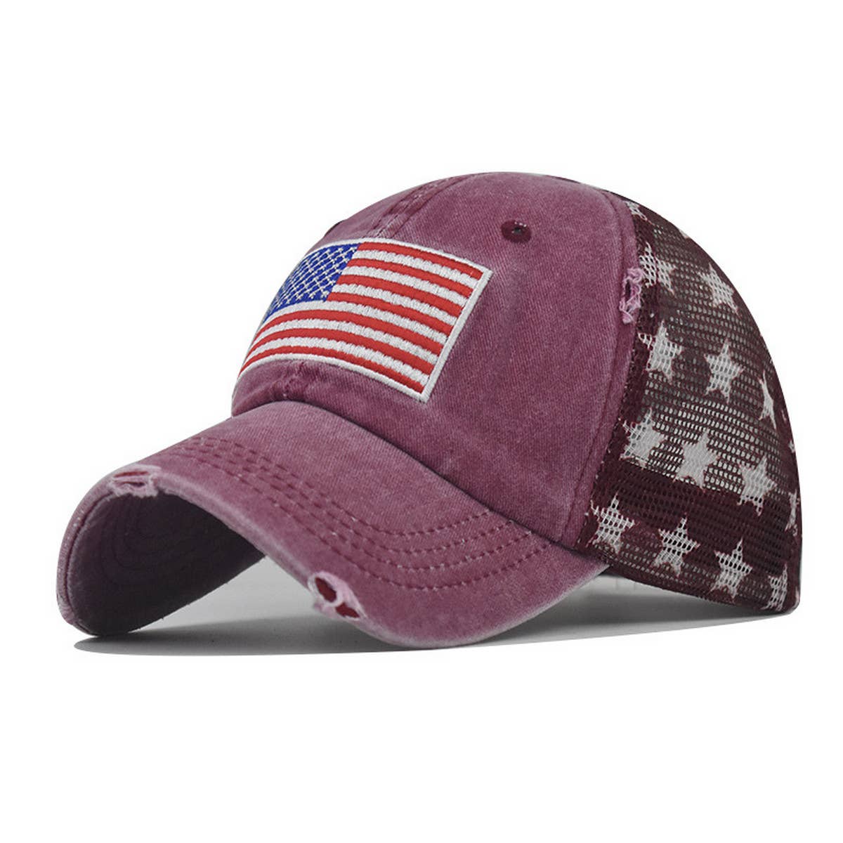 Washed Cotton Distressed Star US Flag Ponytail Cap CWAH1379