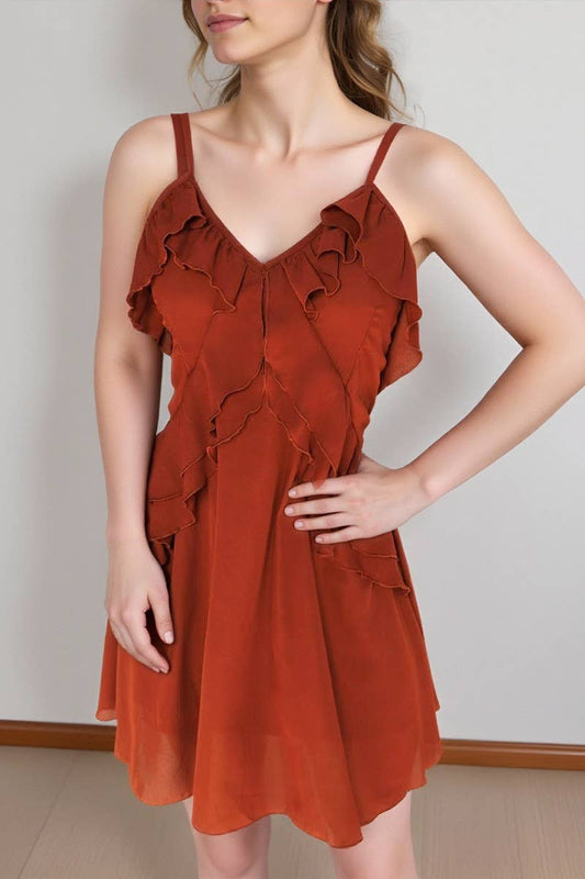 CWDSD10681_RUFFLE SPAGHETTI STRAP SLIT BODYCON MIDI DRESS