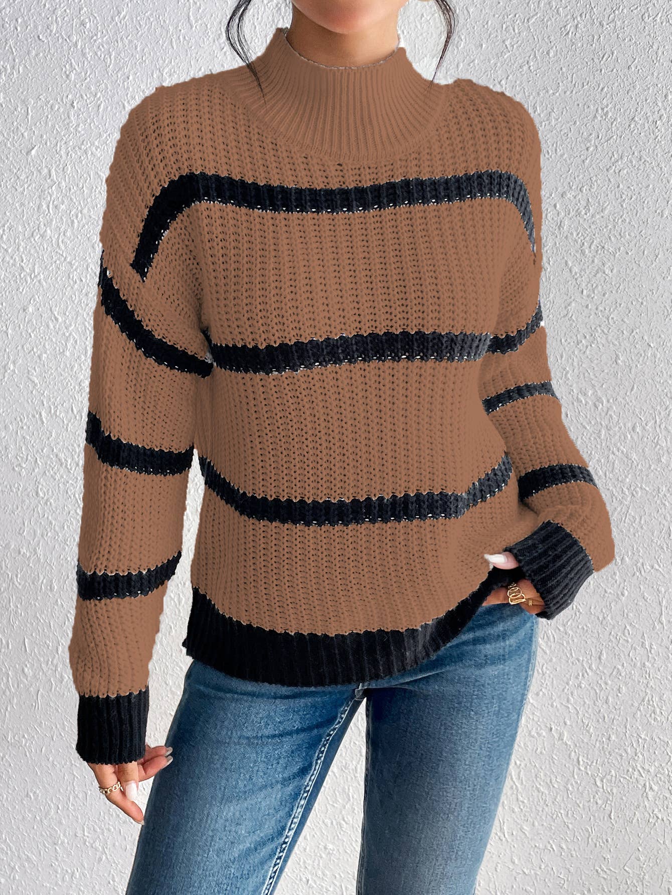 CWOSWL1164_Turtle Neck Long Sleeve Pullover Striped Sweater