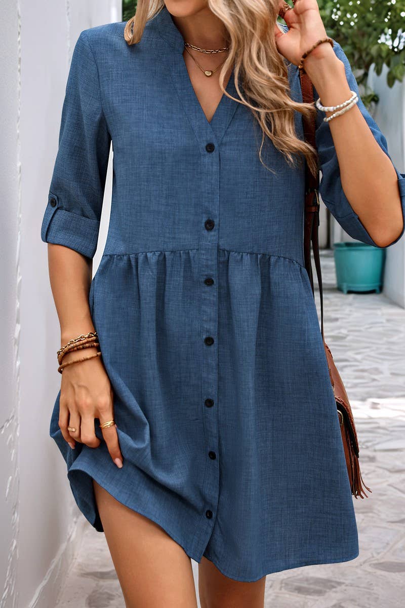 CWDSD6688_MID-LENGTH SLEEVE SOLID COLOR V-NECK DRESS